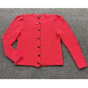 Talbots Cardigan Women MP Red Puff Shoulder Chevron Pointelle Chunky Knit Button